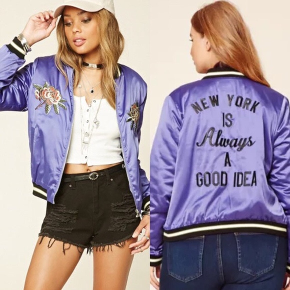 Plus Size Embroidered Satin Zip Bomber